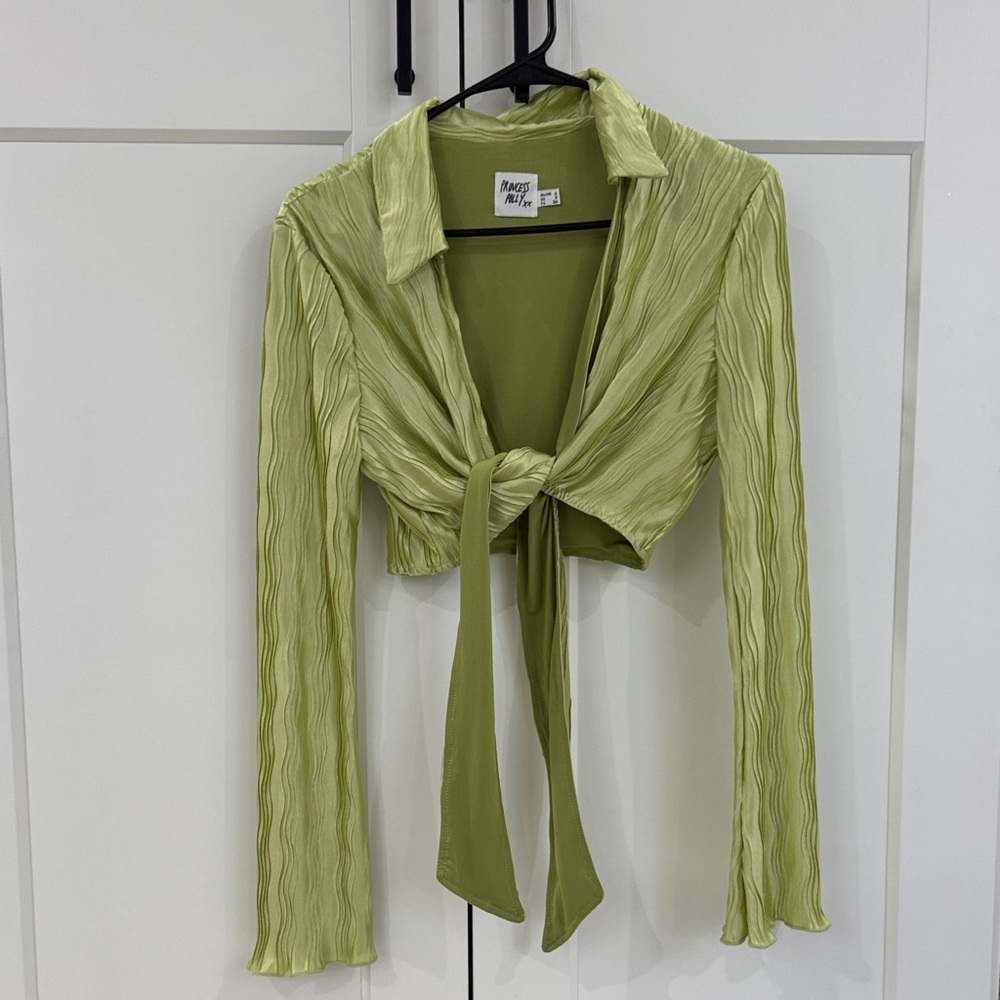 Princess Polly Light Green Textured Tie-Front Blouse